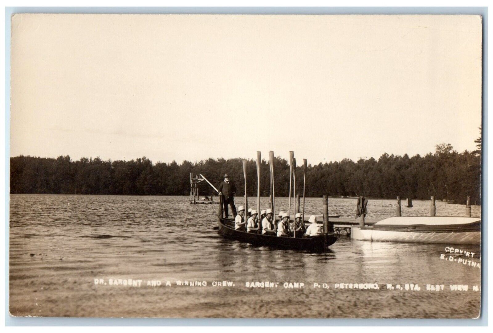 c1910\'s Dr. Sargent Girls Camp Rowboat Team Peterborough NH RPPC Photo Postcard