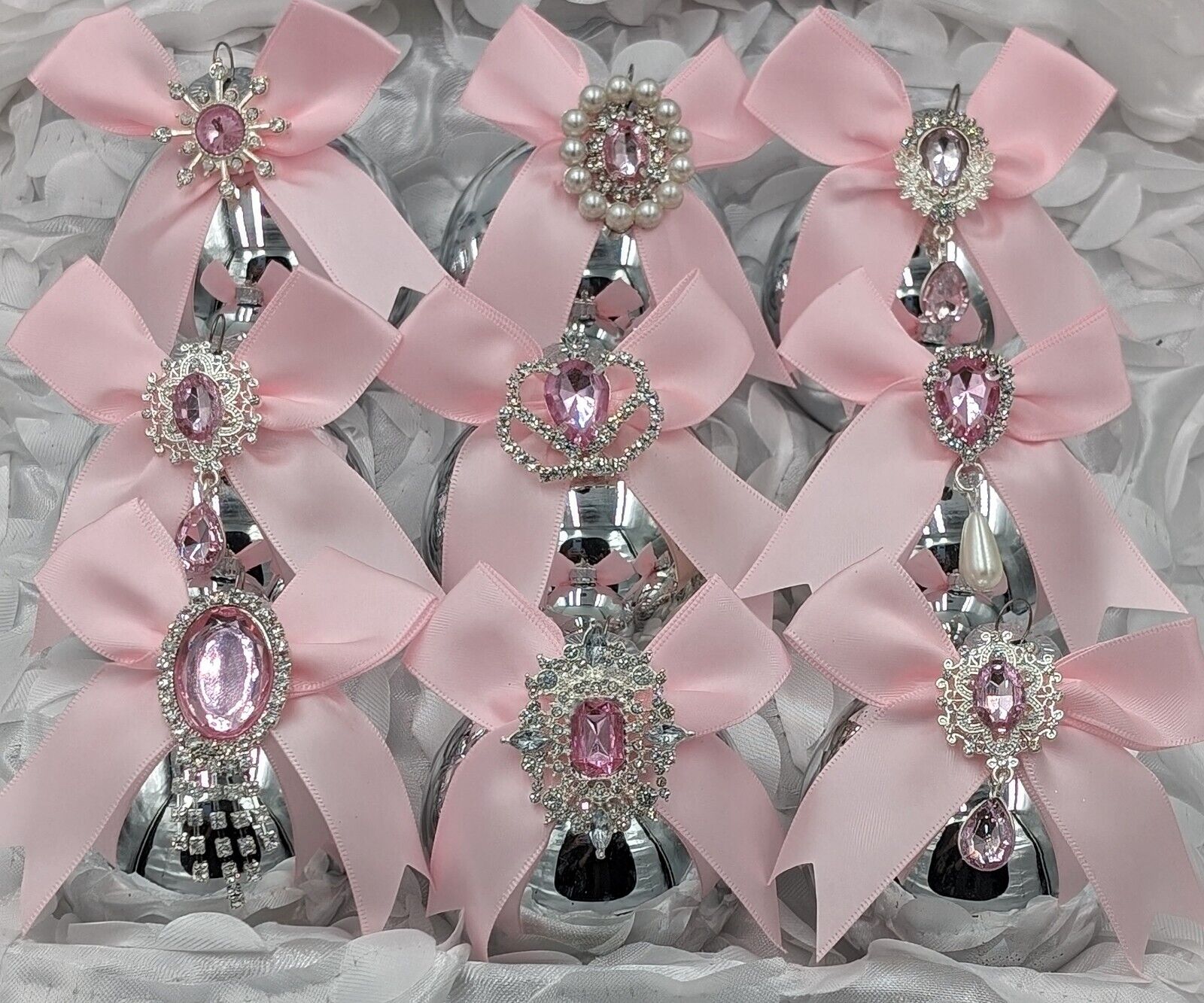 Silver Glass Pink Jeweled Shabby Victorian Barbie Christmas Ornaments Lot Set 9