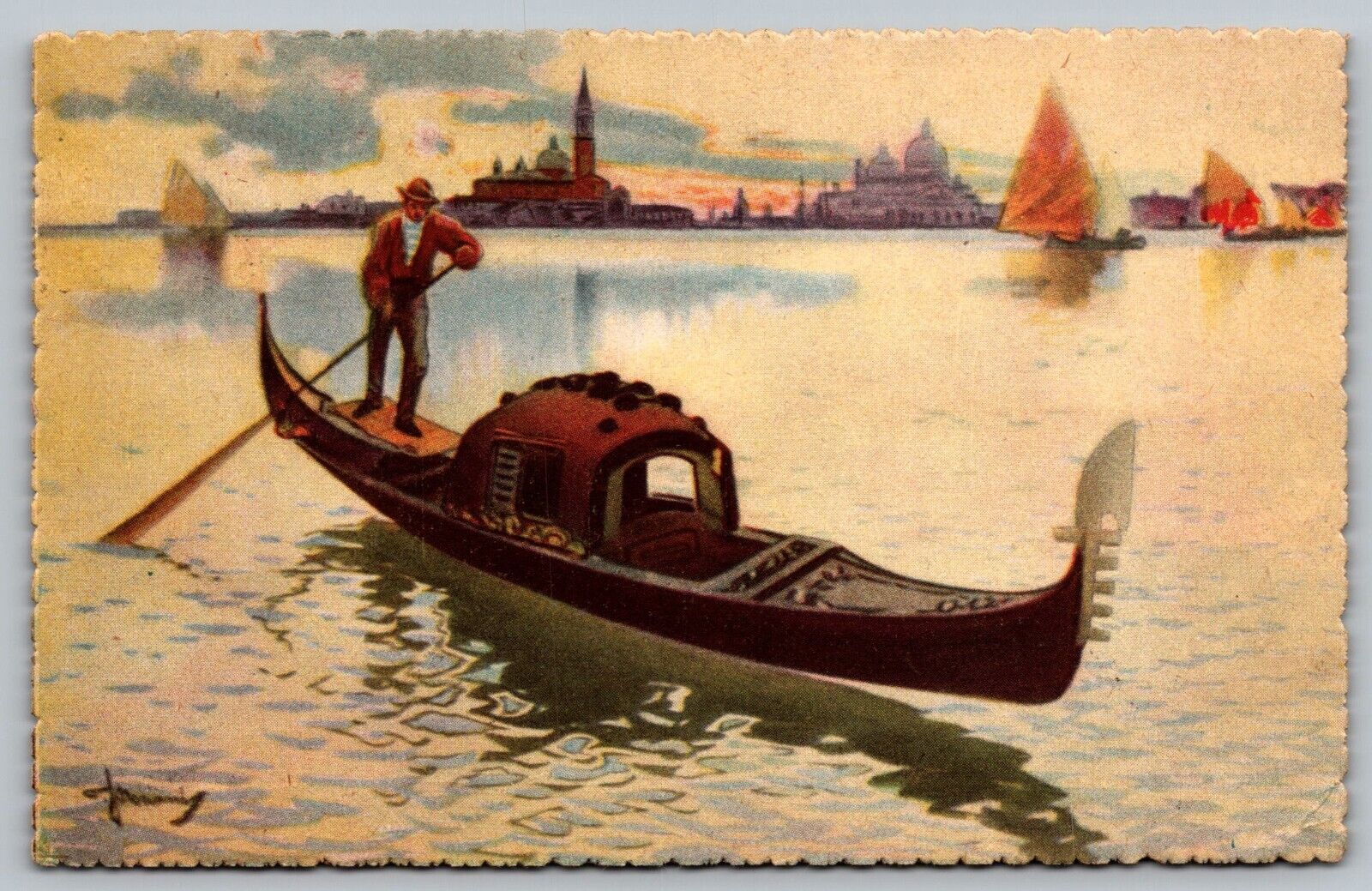 Postcard Venezia Greetings Scene Evening Gondola Ride Across Lake VTG c1925  I2