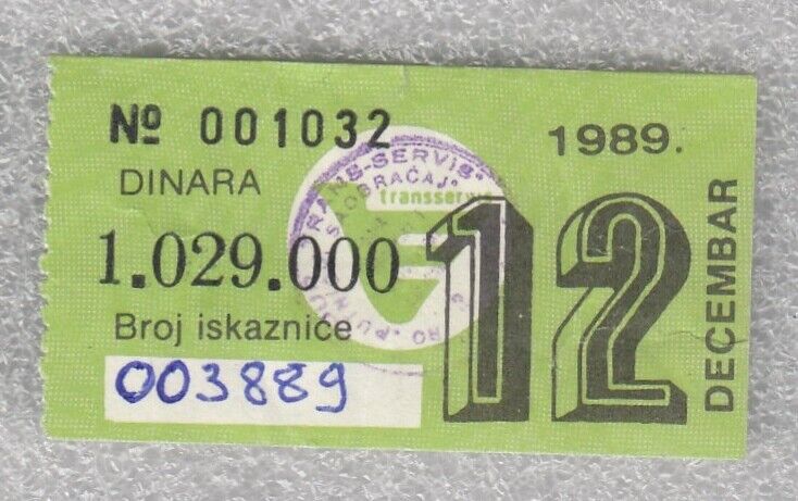 Rare monthly bus ticket Tuzla 1.029.000  dinars Bosnia Yugoslavia December 1989