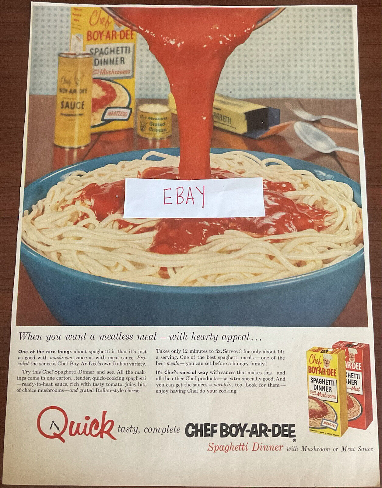 1955 VTG Chef-boy-ar-dee Spaghetti Dinner In Carton Sauce Meat Or Mushrooms Ad