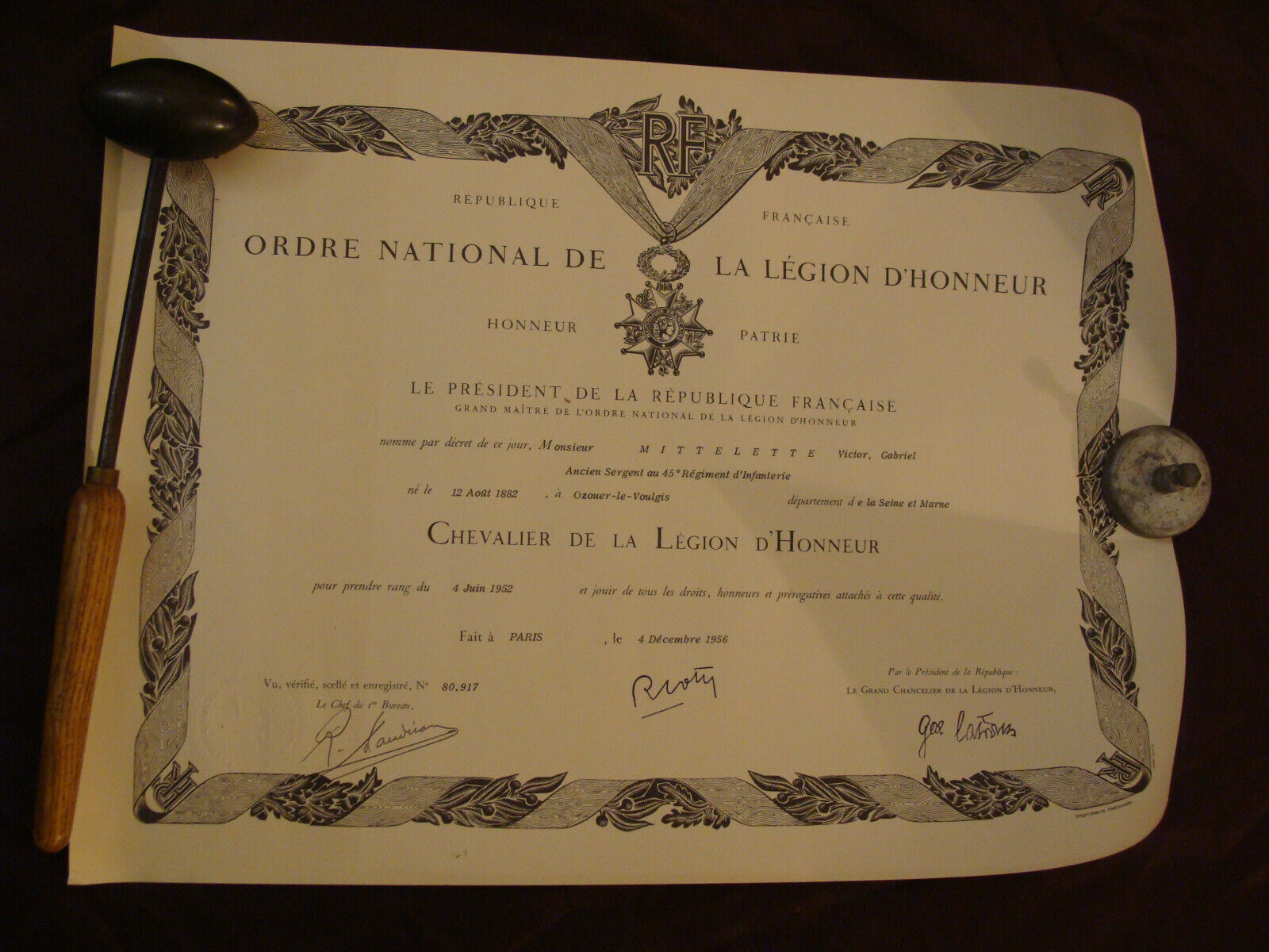 Diploma legion of honour to mittelette victor gabriel