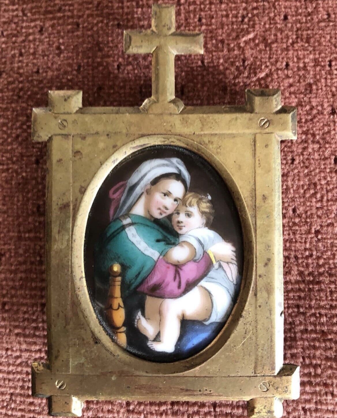 French Miniature Porcelain Madonna Child Antique Hand Painted 19c