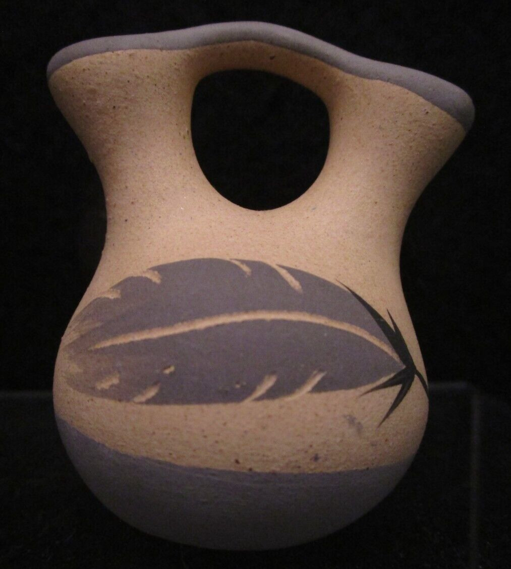 Small Vintage Desert Pueblo Pottery Wedding Vase Signed Painted Gray Feather