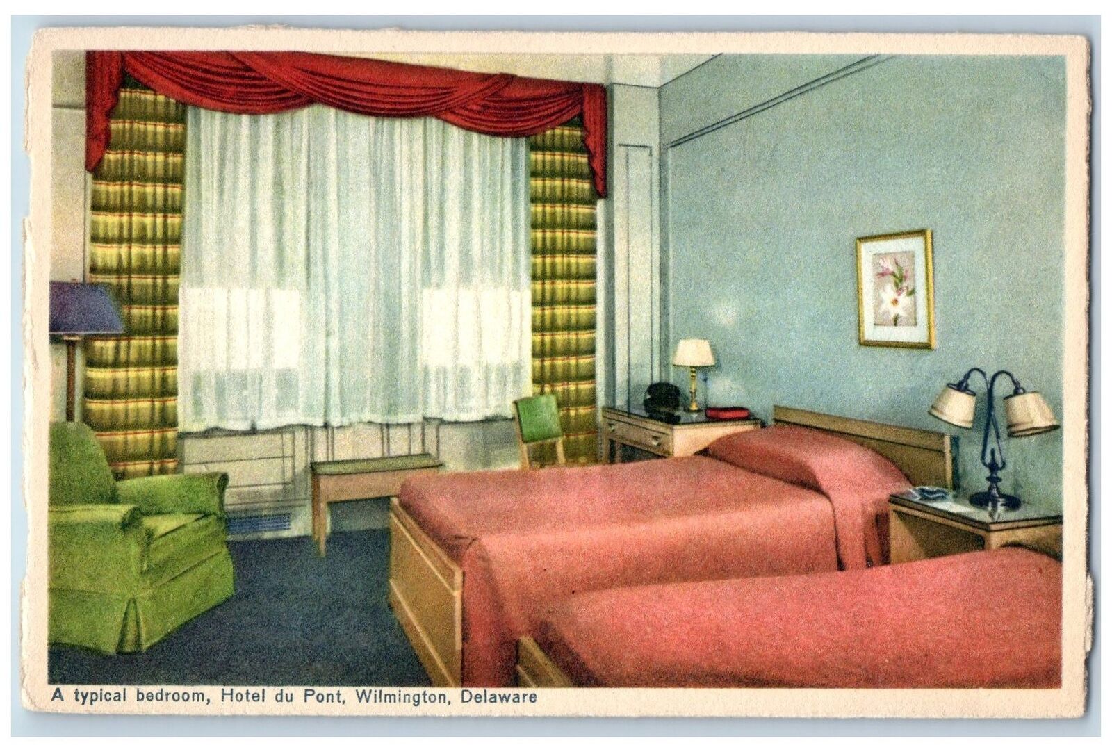 c1920\'s Typical Bedroom Hotel Du Pont & Restaurant Wilmington Delaware Postcard