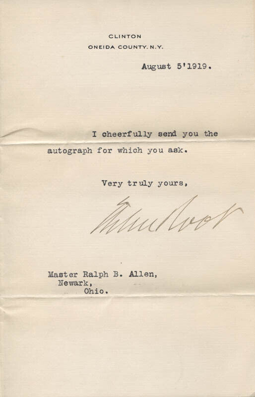 ELIHU ROOT - TYPED NOTE SIGNED 08/05/1919