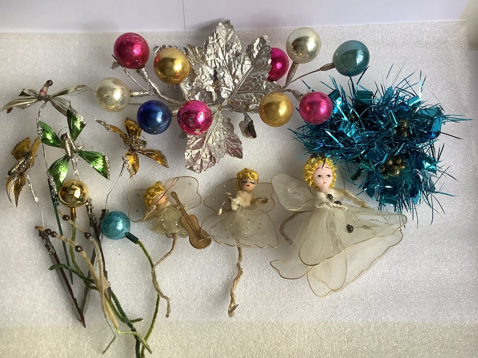 Vintage Lot Christmas Crafts Floral Picks Angels Mercury Glass Corsage