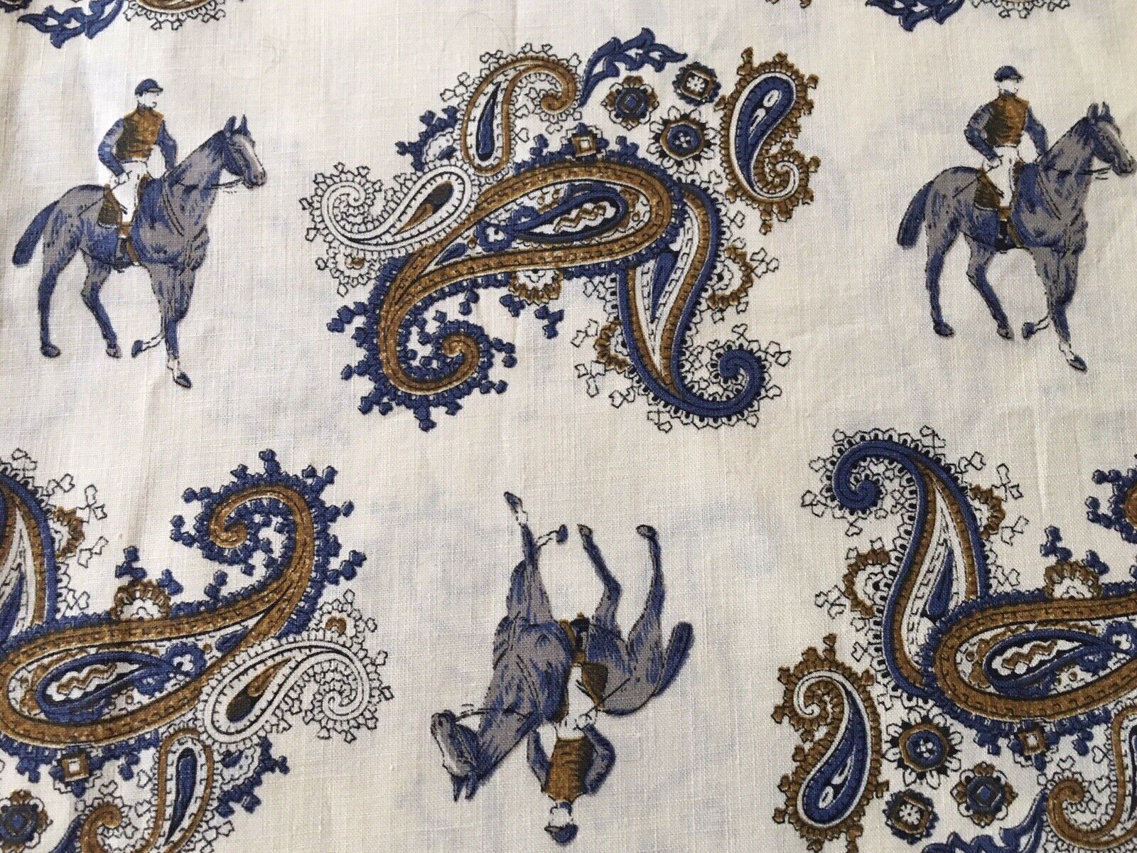 Vintage Equestrian Horses Jockey Paisley Cotton Fabric ~ Dk Blue Brown Cream