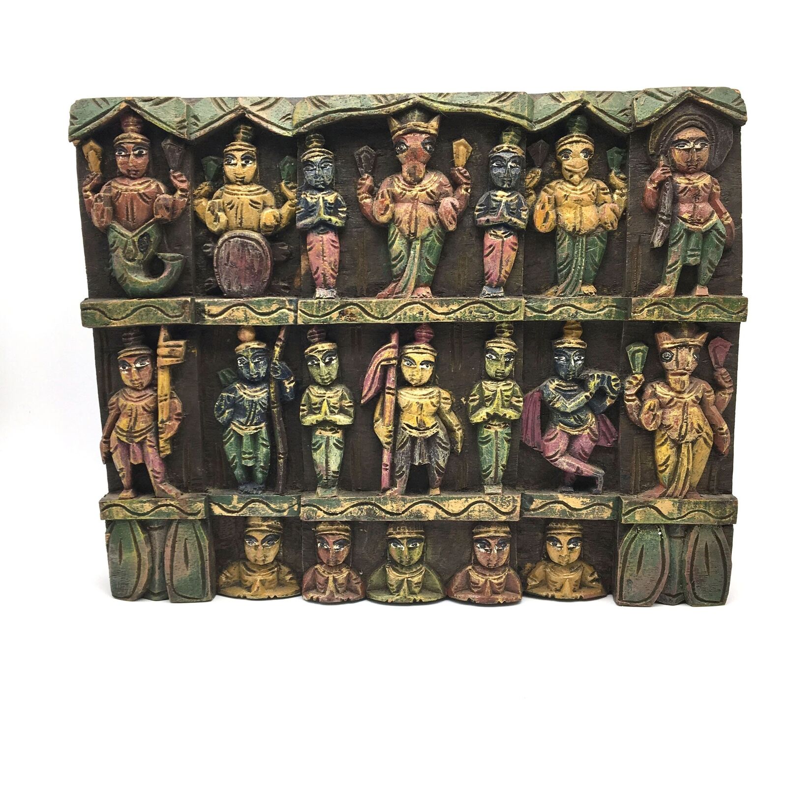 Hand-carved India Colorful Decorative Solid Wood Wall Hanging Panel Plaque 5.6