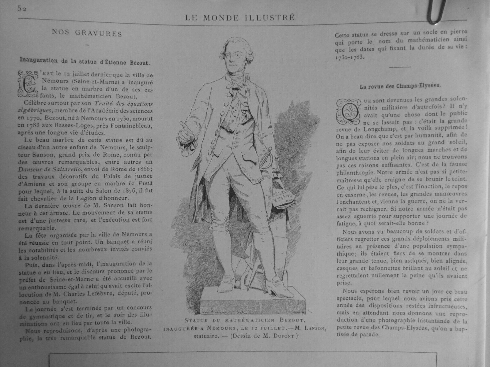 1885 Statue Bézout Lanson Sculptor 1 Journal Antique