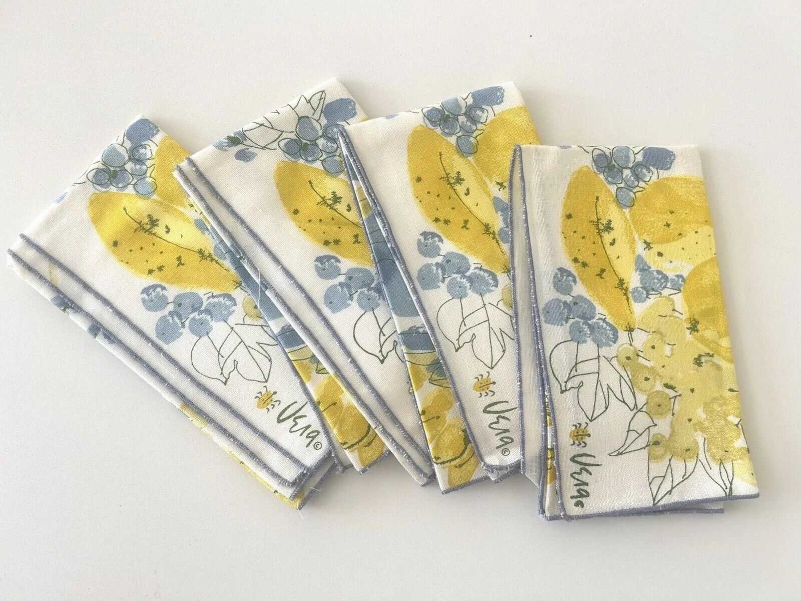 Set Of Four Vintage Vera Napkins Floral Lemon Blueberry Yellow Blue 15x15