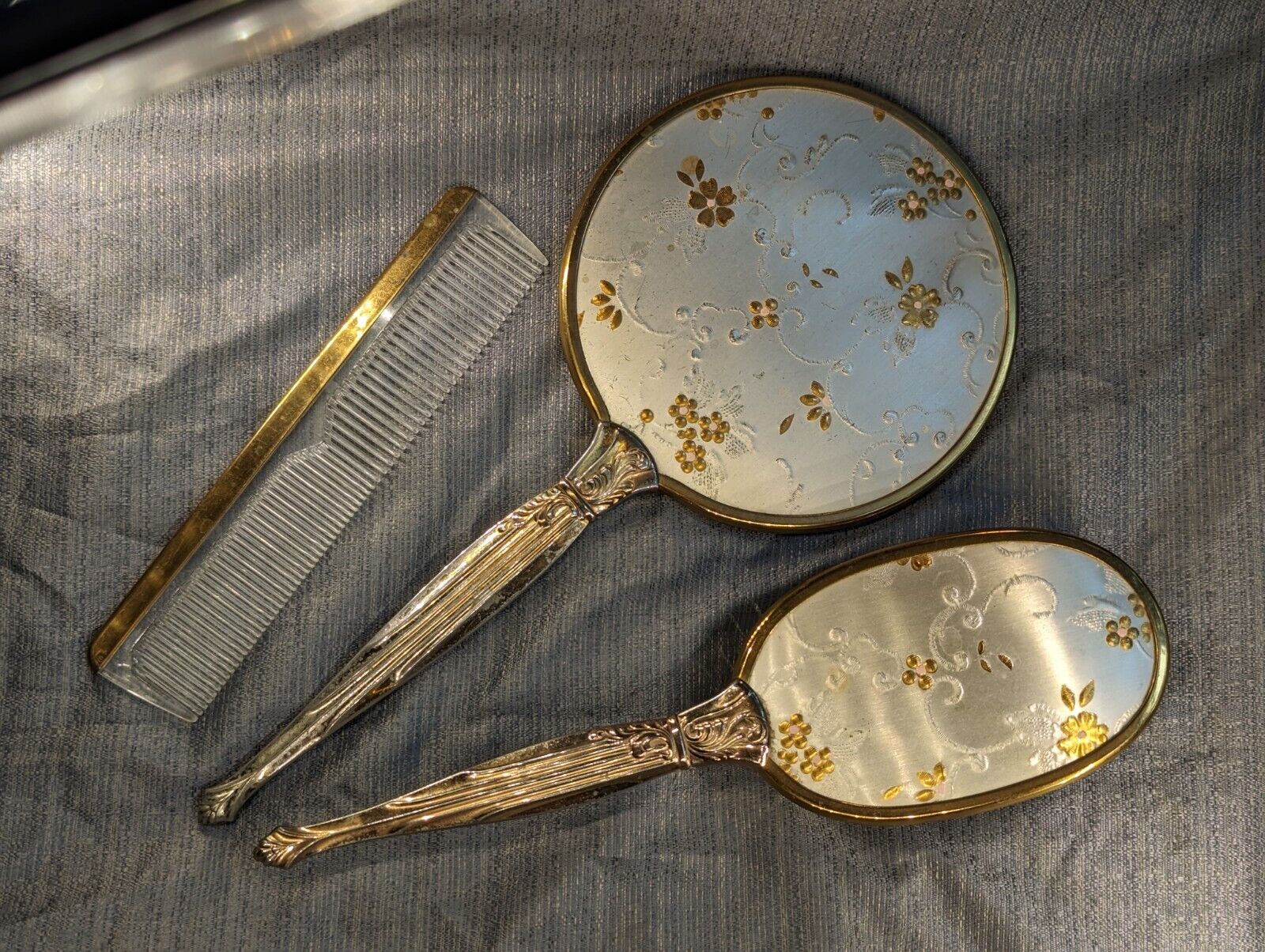 Vintage 3pc Elegant Gold Silver Tone Gilt Vanity Dresser Brush Mirror Comb Set 