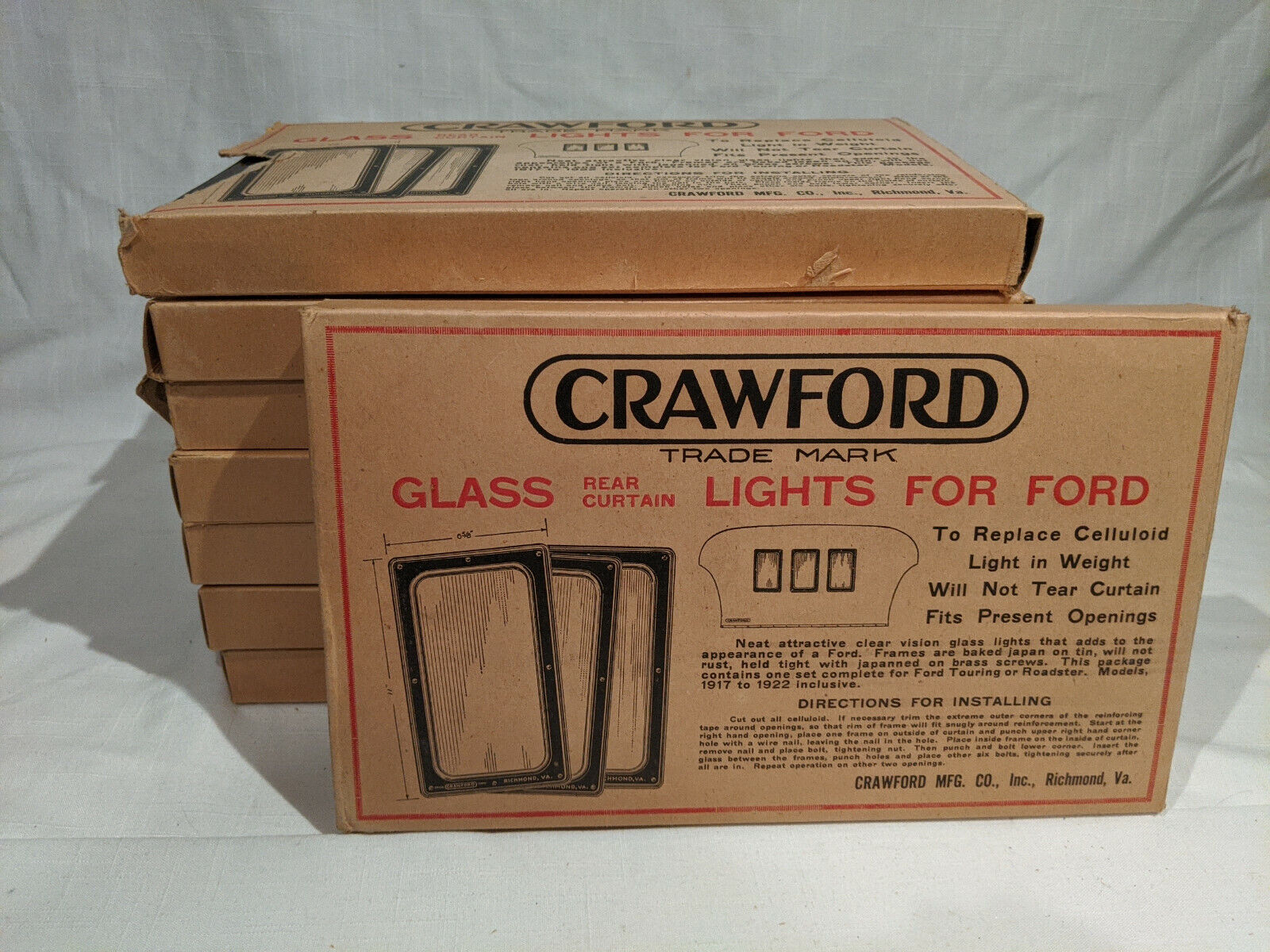 1917-1922 MODEL T FORD EIGHT BOXED SETS OF THREE= 24 REAR CURTAIN WINDOW LIGHTS