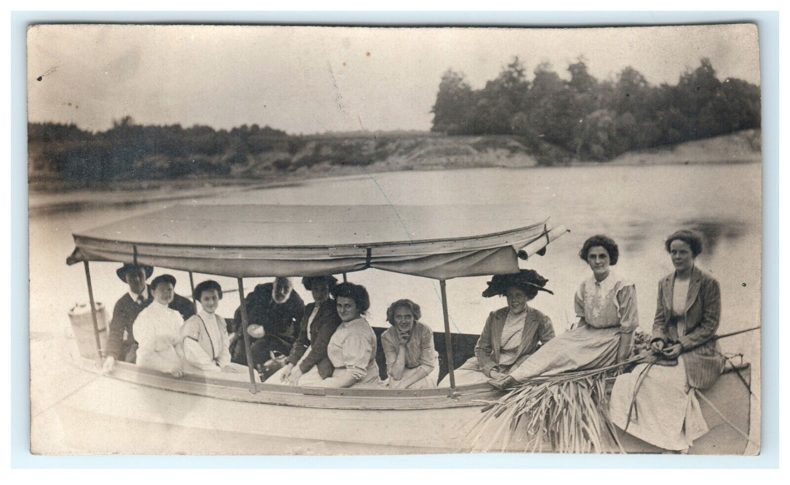 1910 Early Woman & Men on Boat View Defiance OH Ohio  Postcard RPPC - Trimmed