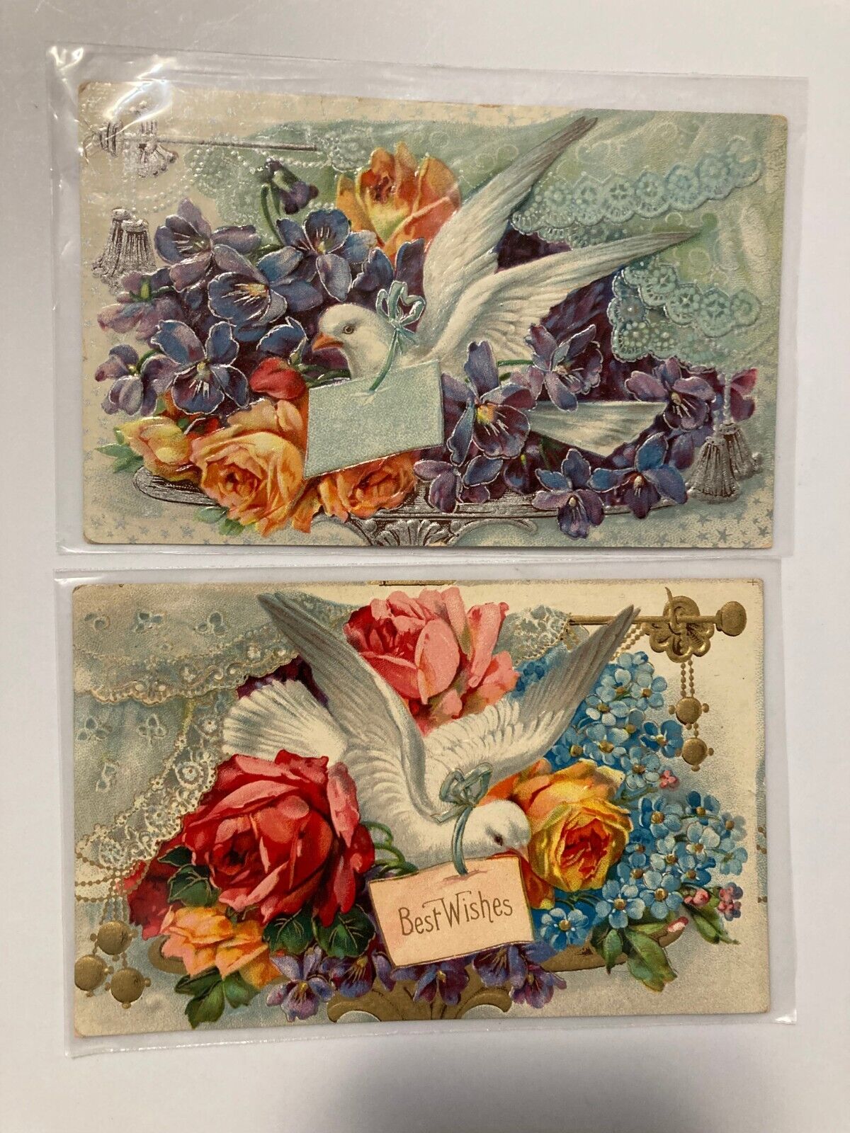 1913 Dove Birds & Flowers Birthday Greetings, Best Wishes Postcards Lot of 2 EMB