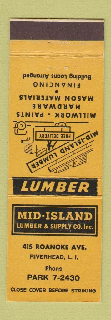 Matchbook Cover - Mid Island Lumber Supply Riverhead LI NY
