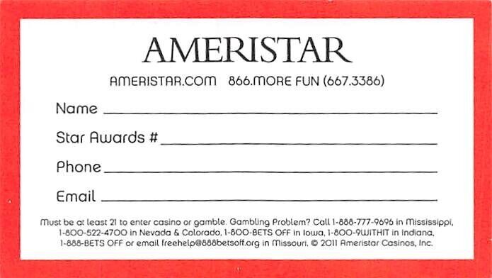Ameristar Casino Generic Property Entry Card (BLANK)