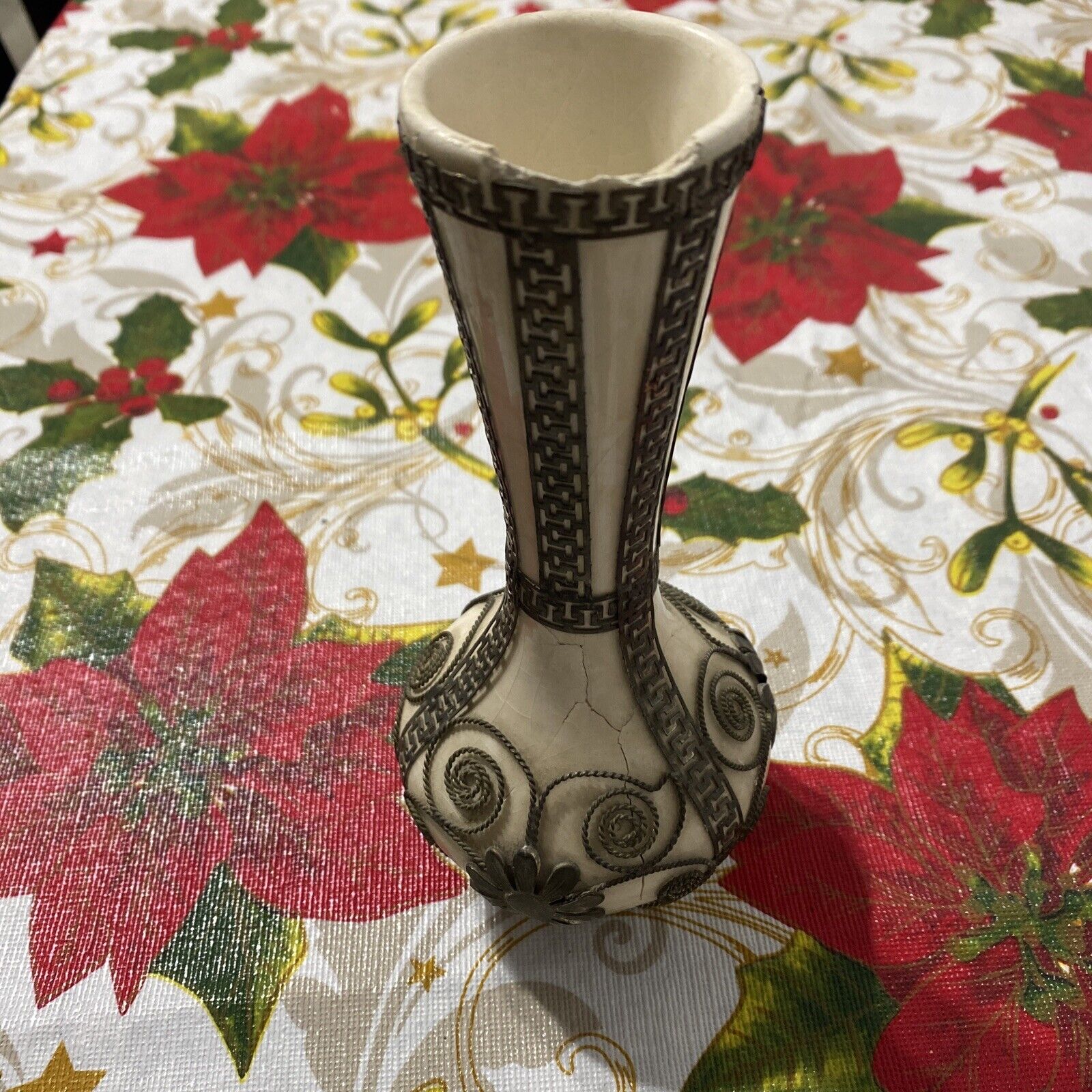 Heavily Cracked & Crazed Vase Porcelain W/ Metal Trim 6 3/4”Tall - Rare - Old 
