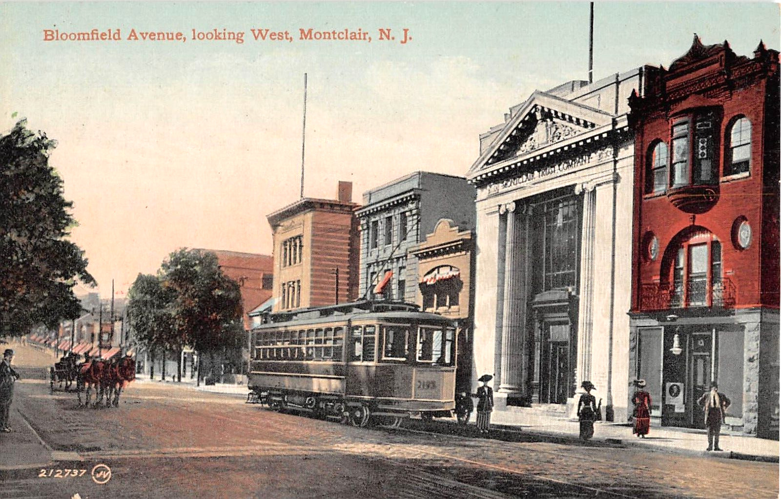 c.1910 Trolley at Bank Bloomfield Ave. Montclair NJ post card