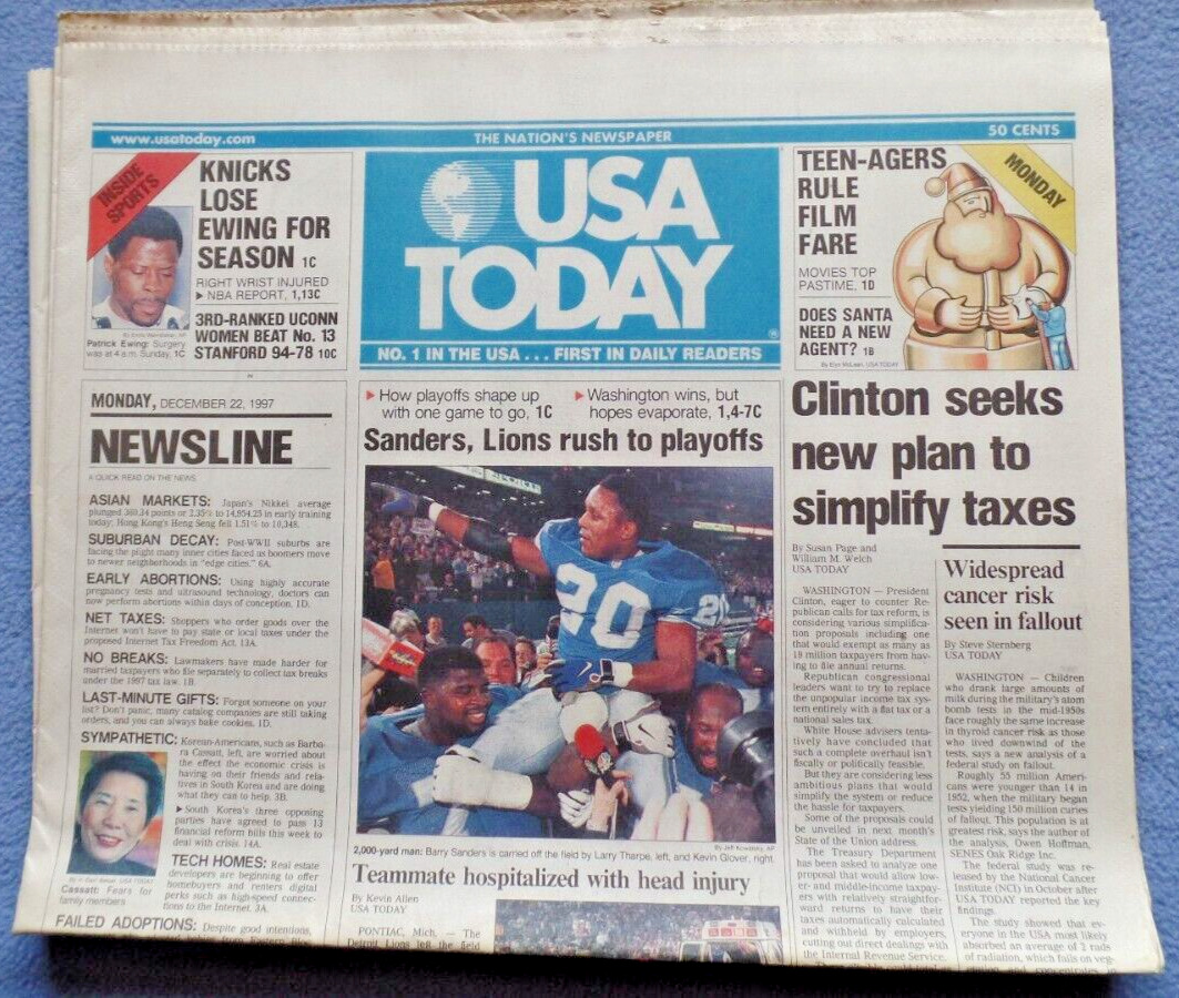 USA Today Newspaper December 22, 1997  Complete News Barry Sanders Detroit Lions