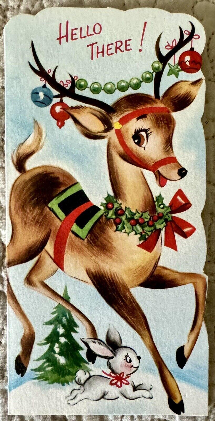 Unused Christmas Deer Rabbit Garland Ornaments Vtg Greeting Card 1950s 1960s