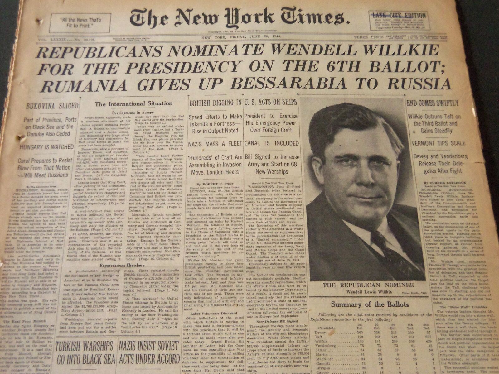 1940 JUNE 28 NEW YORK TIMES - REPUBLICANS NOMINATE WENDELL WILKIE - NT 5536