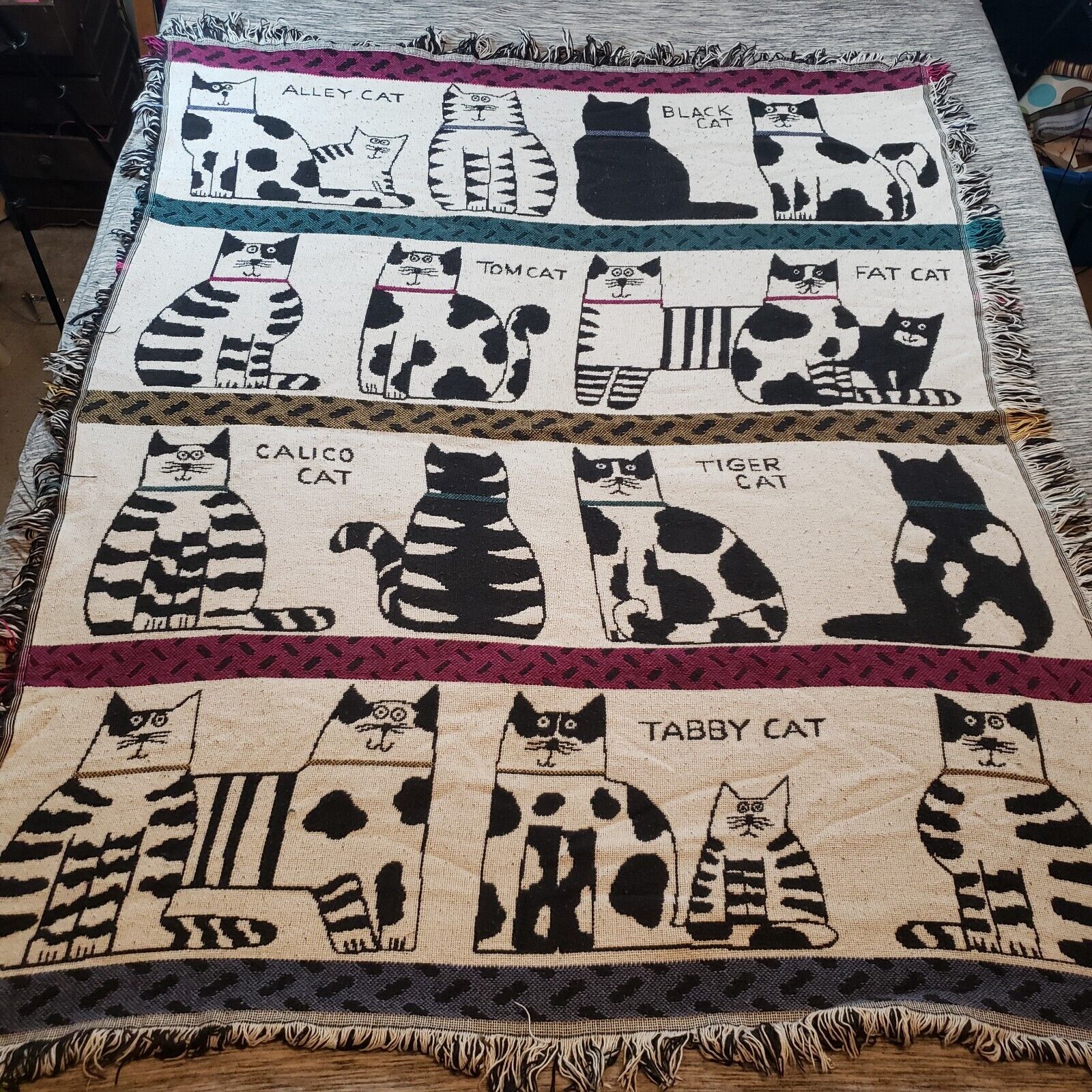 Vintage 1988 Pat Meyers Kitty Kingdom Cat Throw Blanket USA Approx 48”x60”