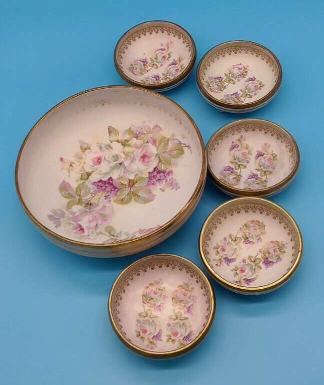 Vintage Porcelain Floral Footed Master Berry Bowl & 5 Individuals Roses & Lilacs