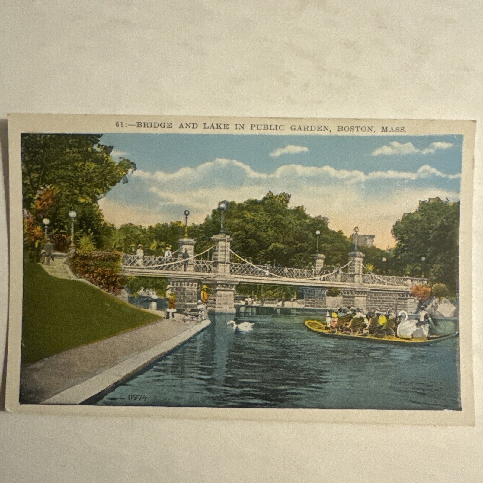 Massachusetts MA Boston Public Garden Bridge Lake Vintage White Border Postcard