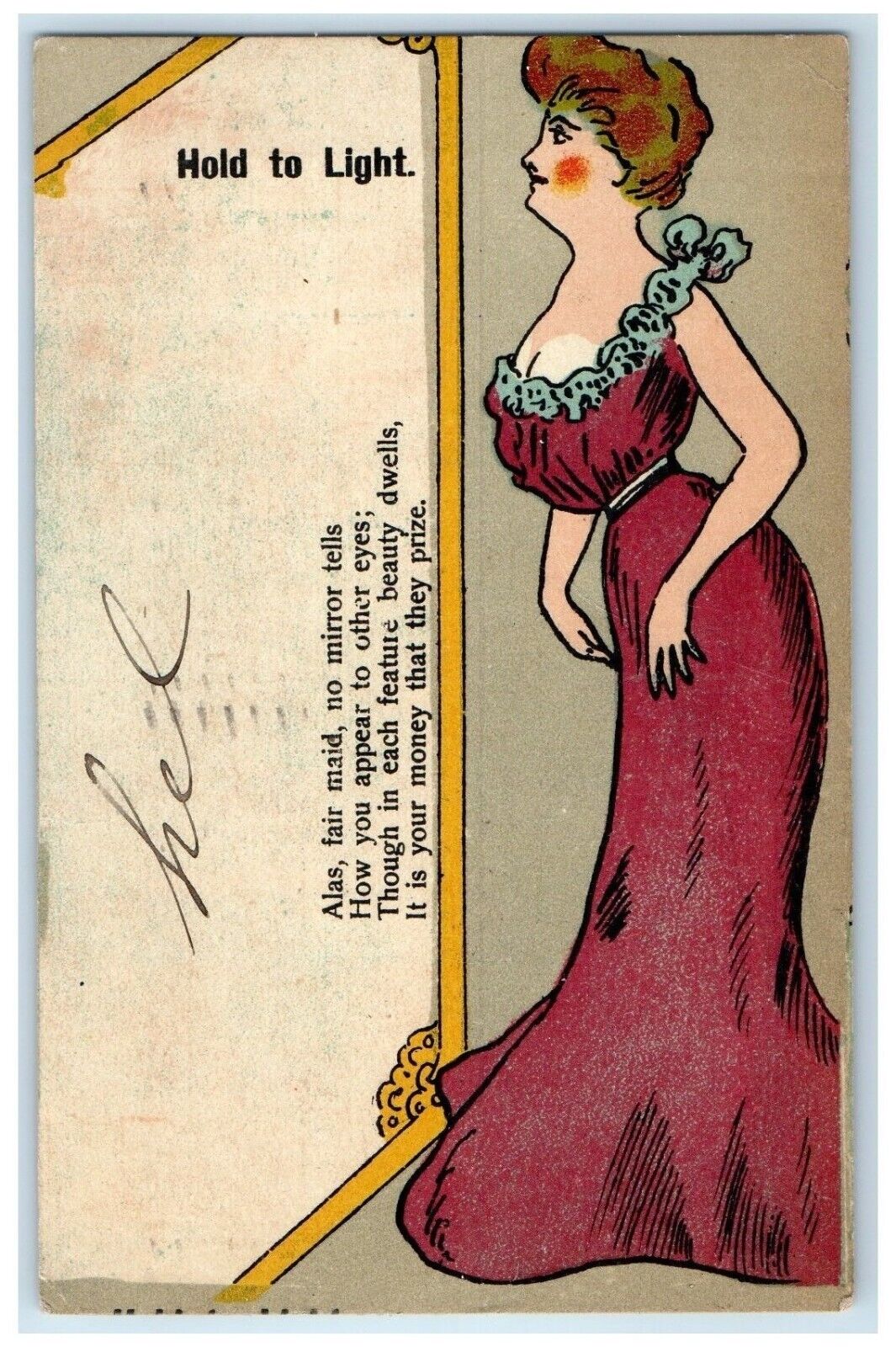 1907 Pretty Woman Dress Hold To Light HTL New York NY Posted Antique Postcard