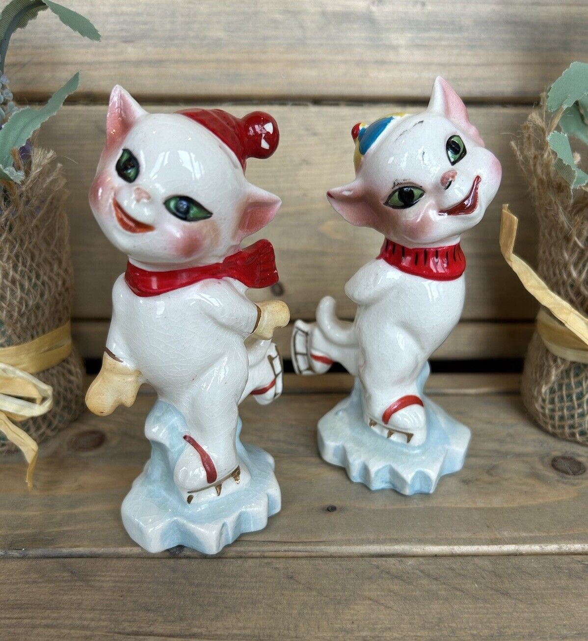 Vintage Ice Skating Pixie Cats Salt & Pepper Shakers JAPAN Anthropomorphic RARE