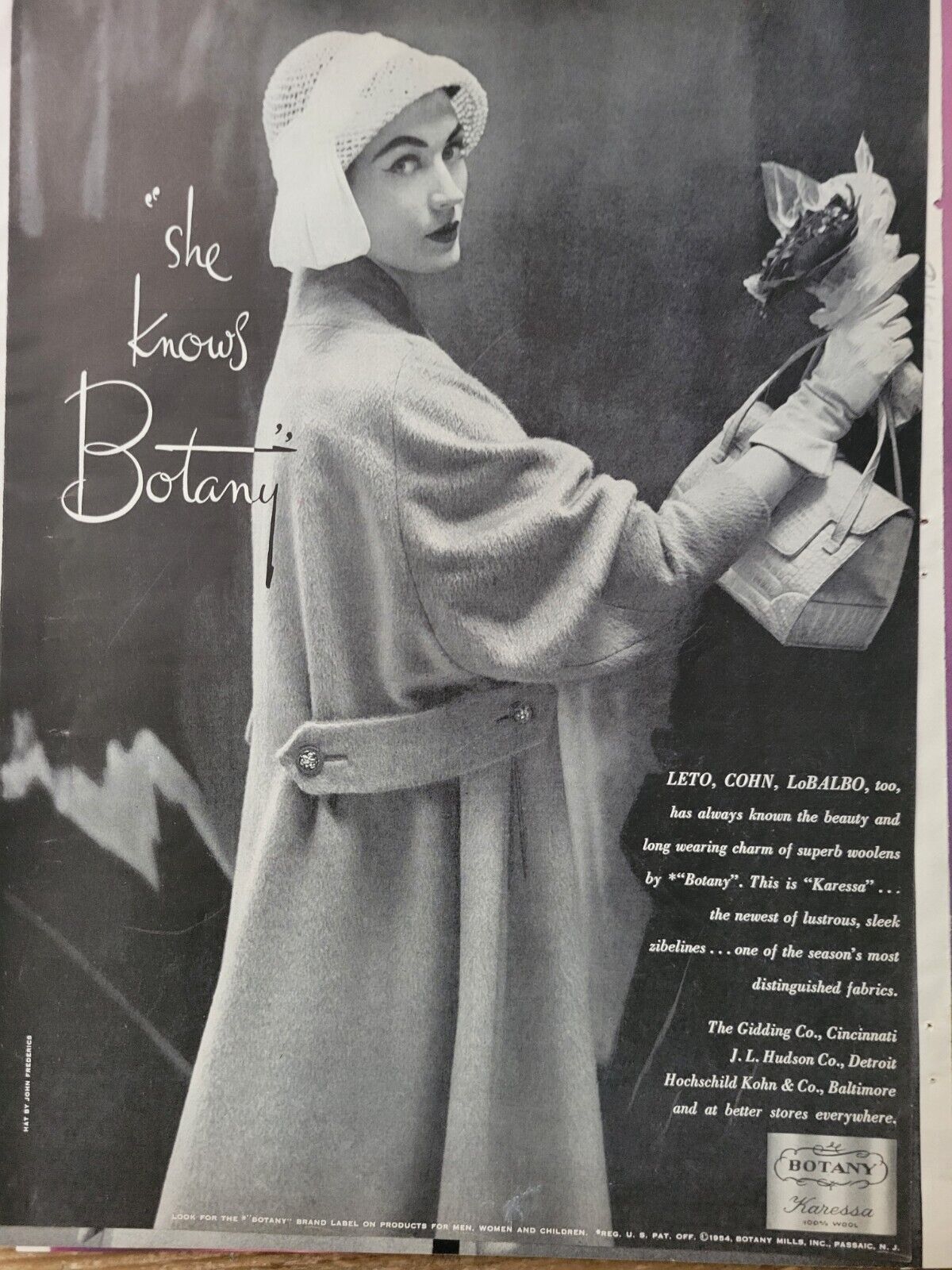 1954 Women\'s Leto Cohn LoBalbo Botany Coat Vintage Fashion Ad