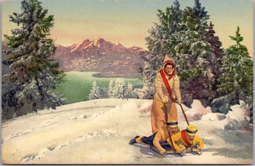 Vintage 1910s SWITZERLAND Winter Sports  Postcard Women on Luge Sled w/ 2 Men