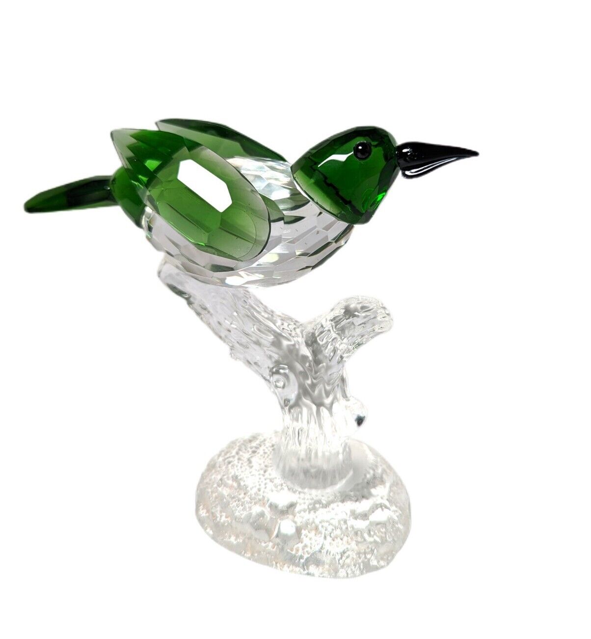 Crystal Glass Green Bird on Clear Wood Branch Sculpture Figure Decorative