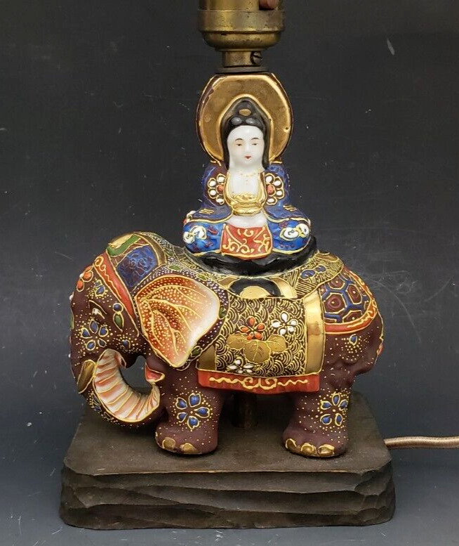 Antique Japanese Satsuma Moriage Buddha & Elephant Lamp Table/Desk/Nightstand