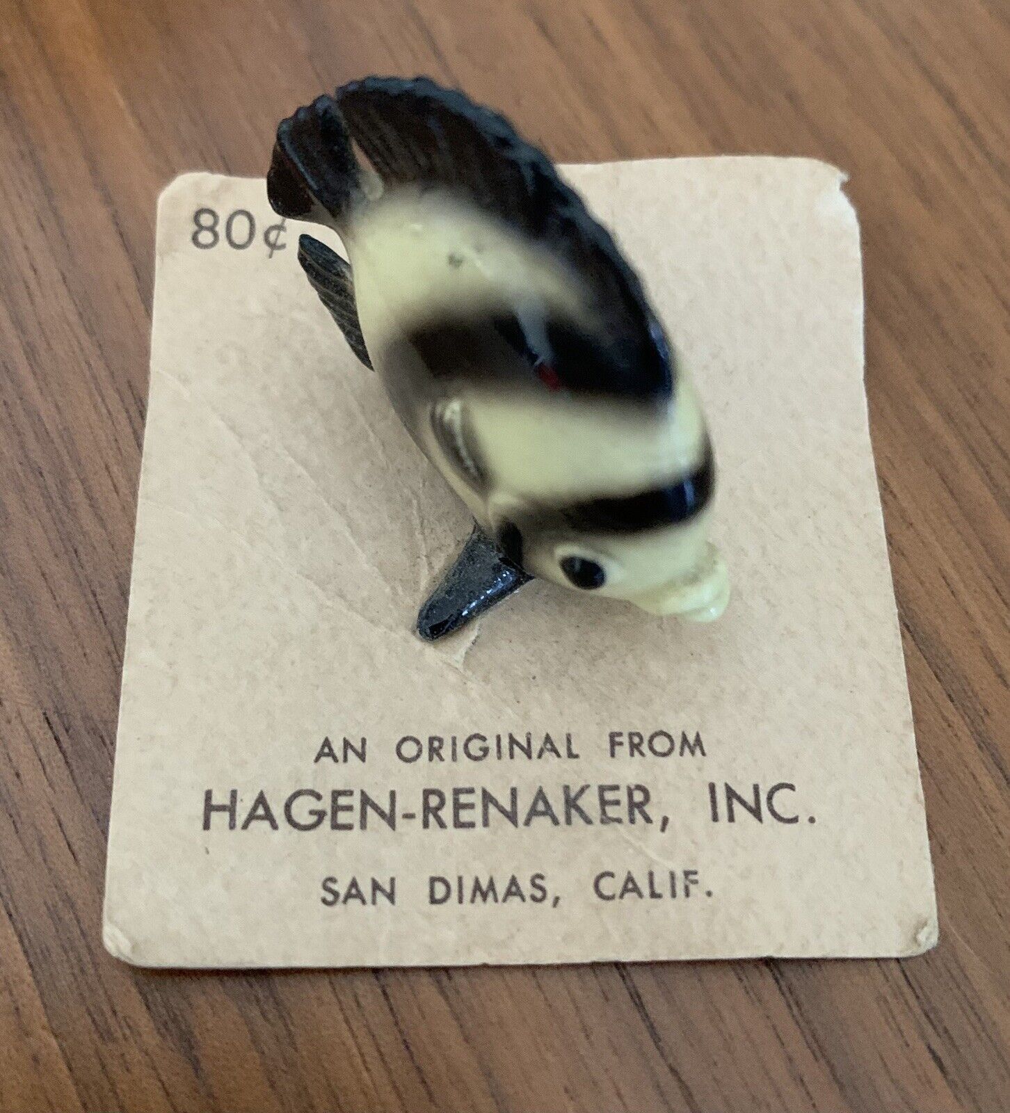 Rare vintage Hagen Renaker miniature angel fish yellow & black On Card