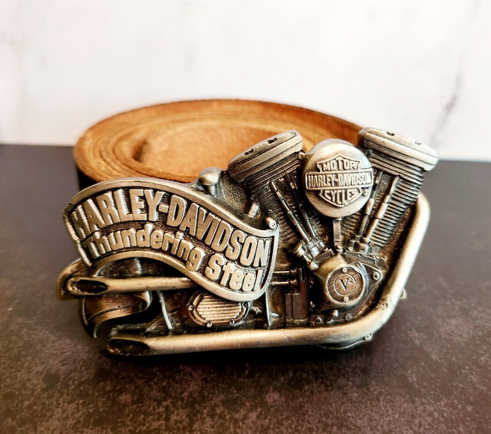 Vintage Harley Davidson Motorcycles Thundering Steel Belt & Buckle 1991 USA