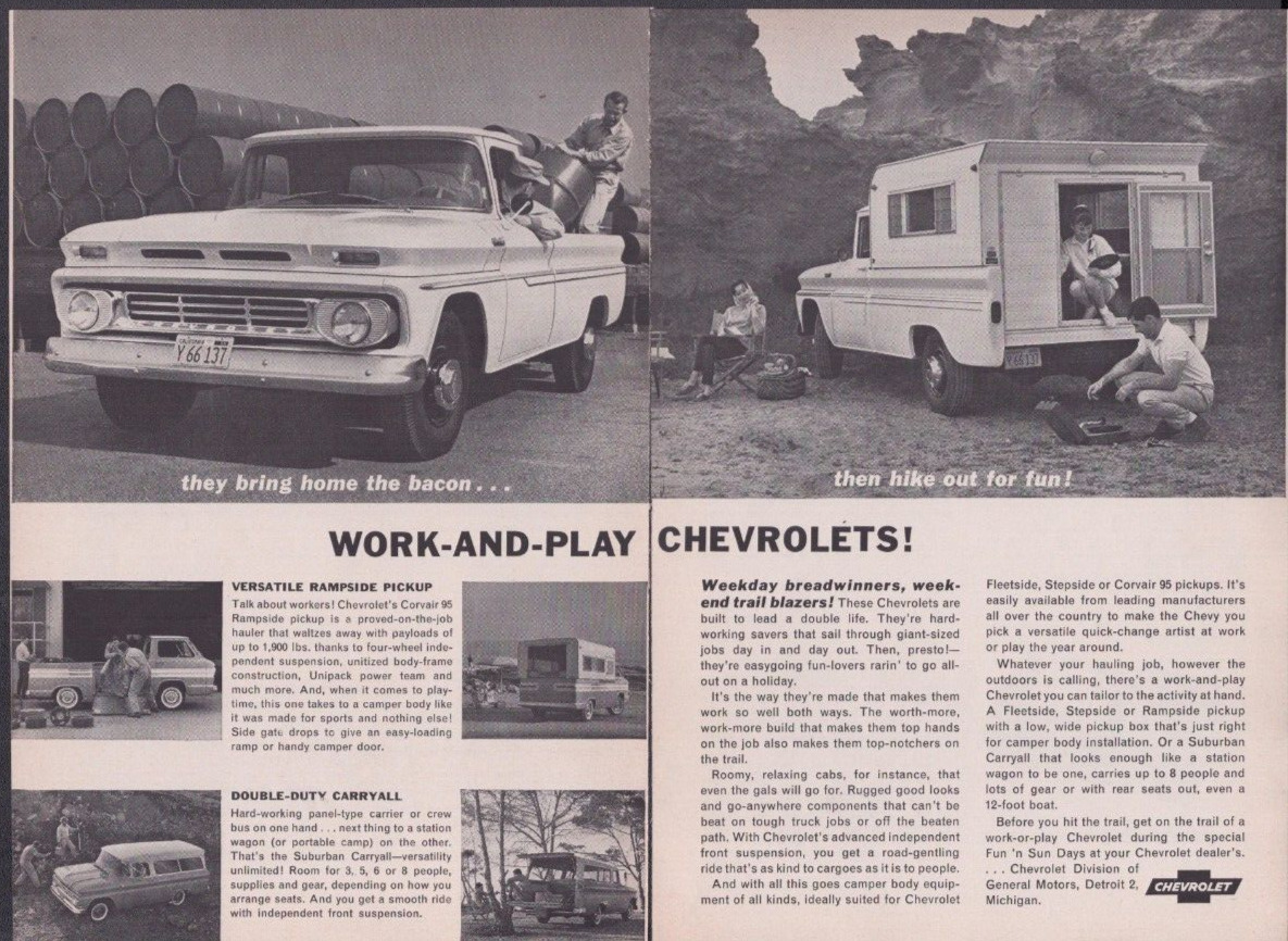 1962 Print Ad Chevrolet Ramside Pickup Double Duty Carryall Trucks Suburban