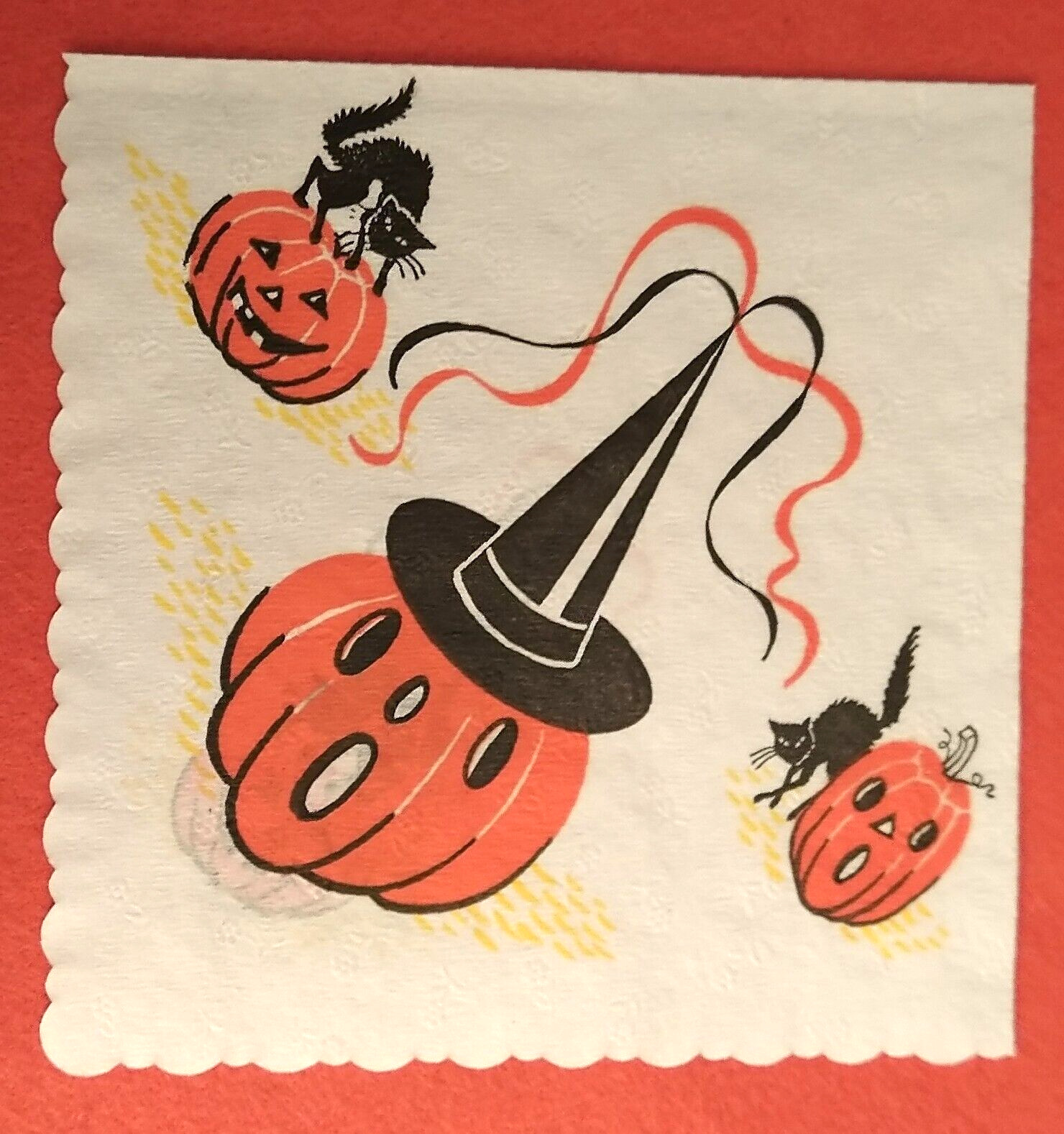 *Halloween* Vintage Party Napkin: 1950's Black Cats, J-O-Ls, Hat With Streamers