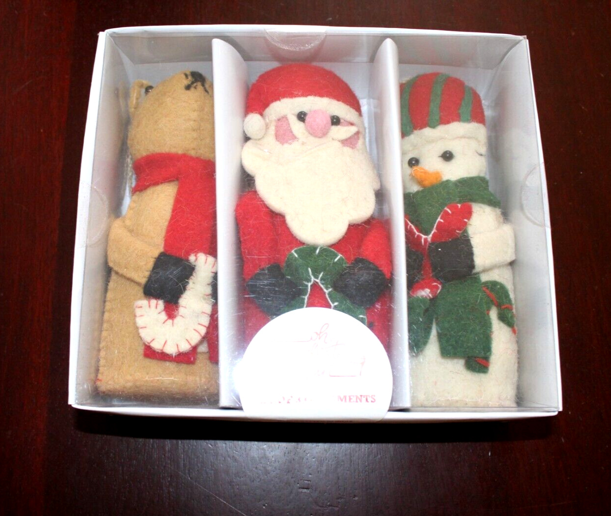 new nip 3 wool felt christmas ornaments handcrafted santa reindeer snowman