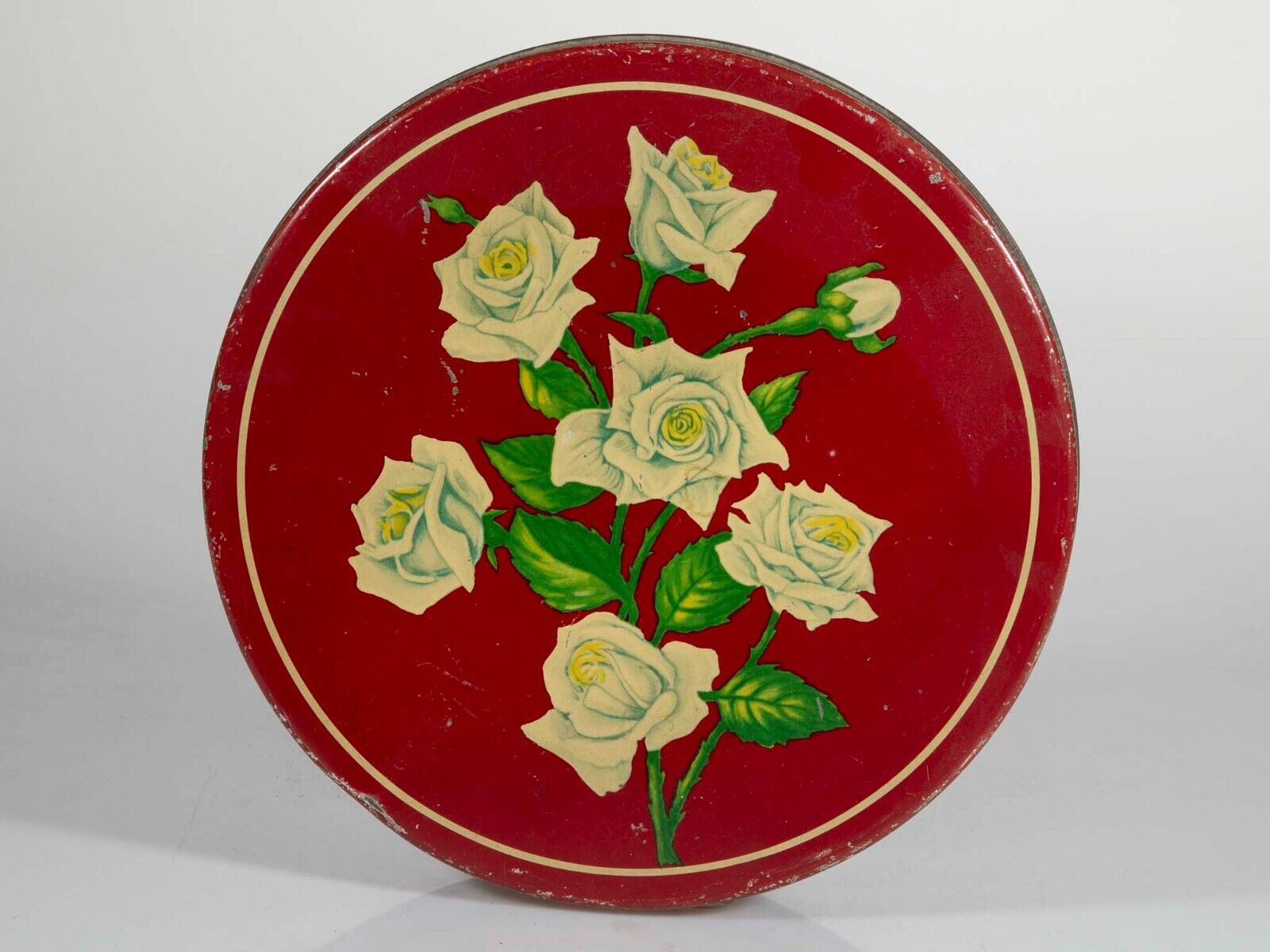 Vintage Round Tin - White Roses on Red Metal Box - Lovely MidCentury Container