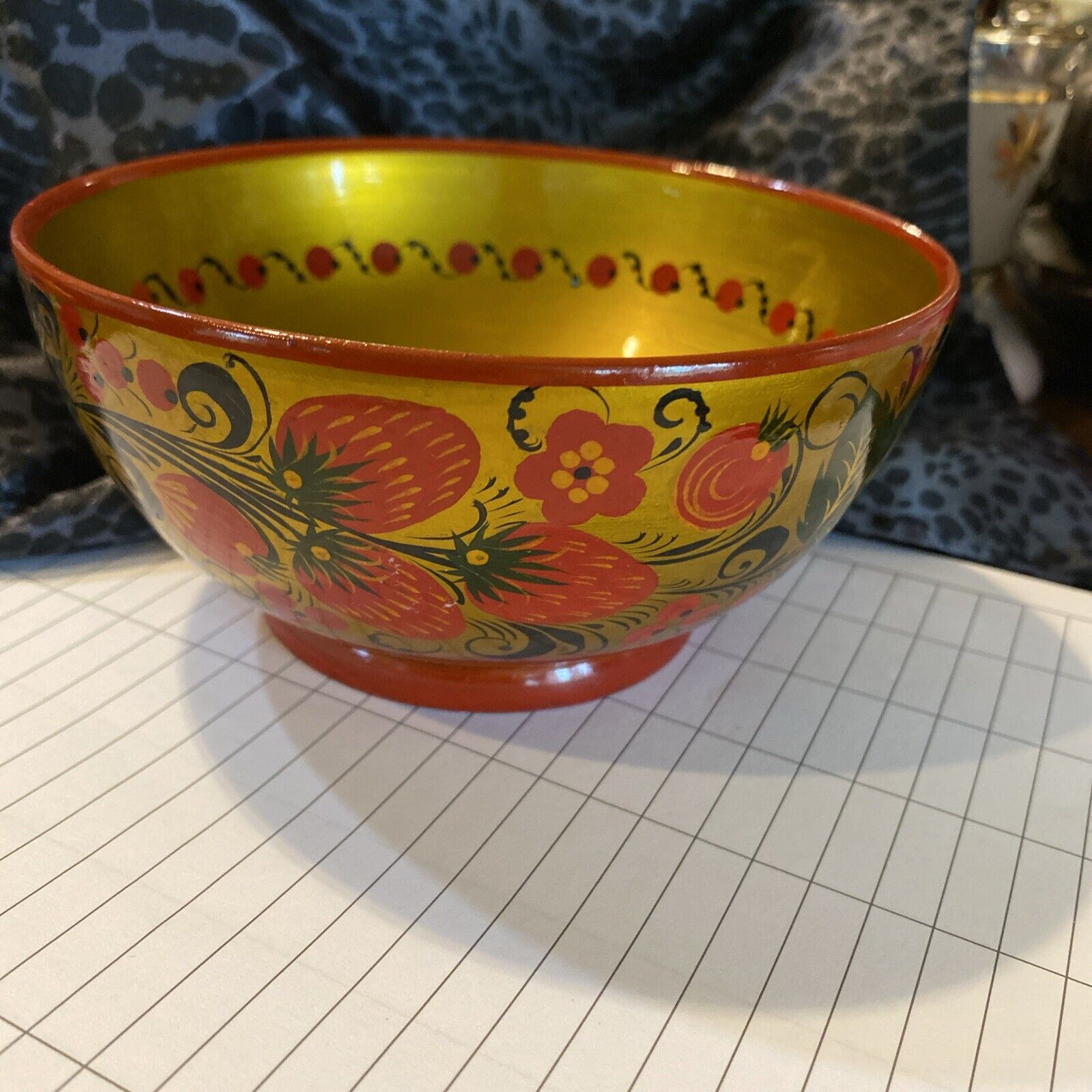 Vintage Russian Khokhloma Wooden Hand-Painted Strawberries Bowl