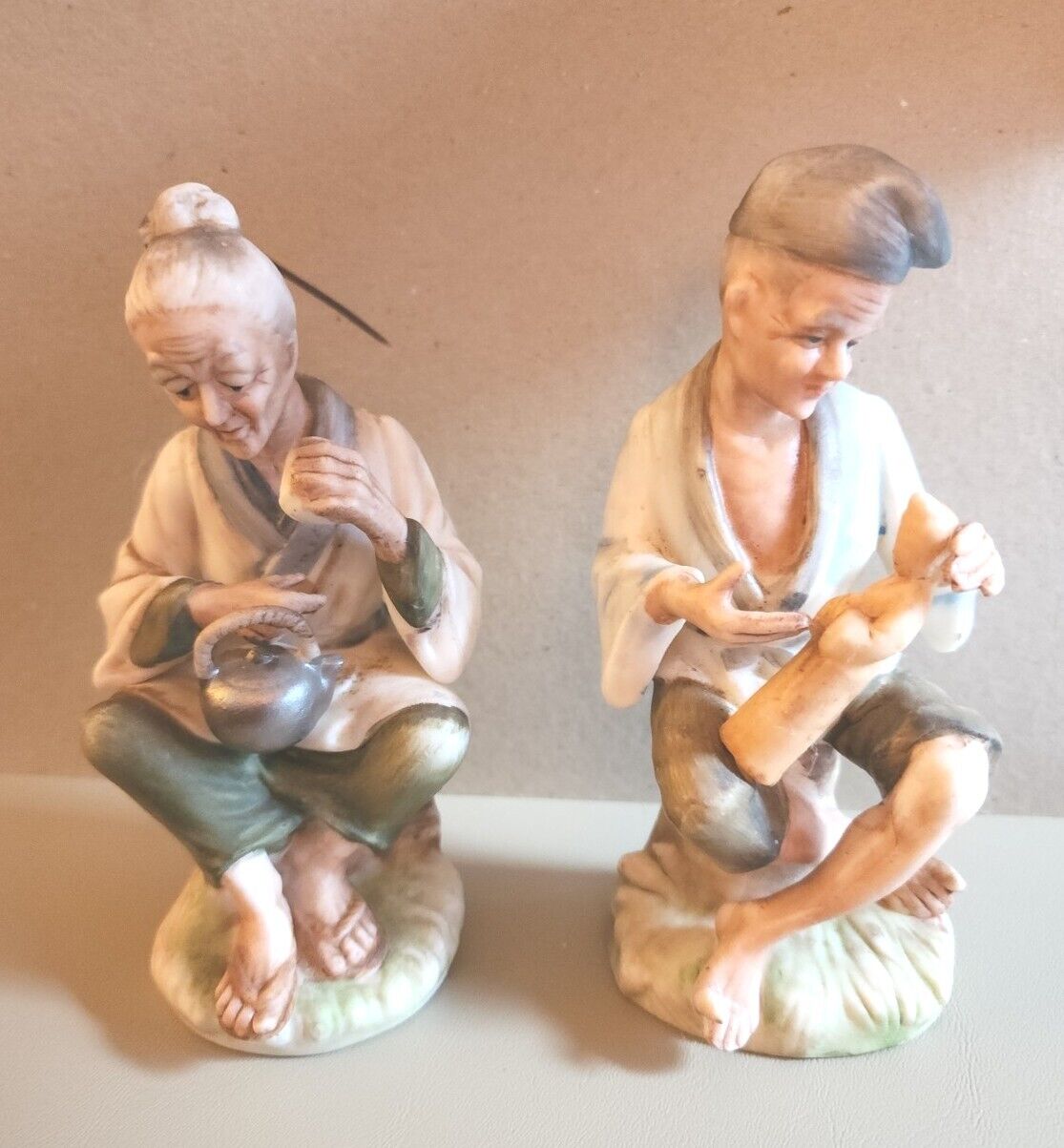 2 Porcelian Figurines Old Man & Old Woman  Handpainted Labels Japan Numbered