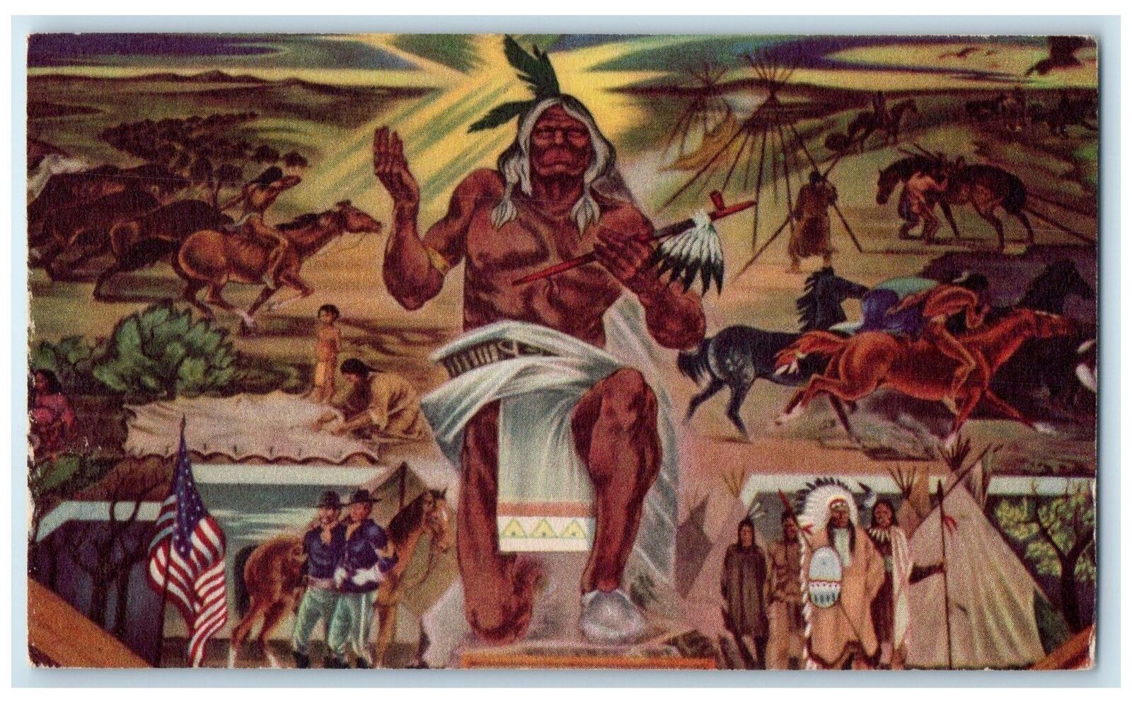 c1940\'s Mural Indian Of The Plains Scene Warren Wyoming WY Unposted Postcard