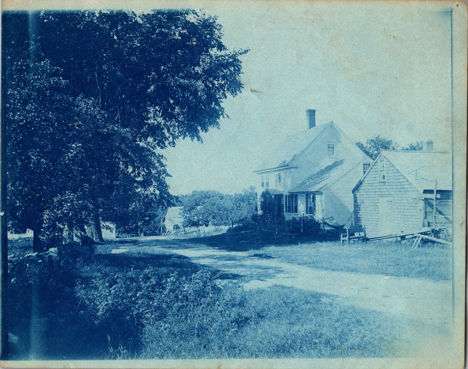 Old Farmhouse View with County Road Antique Cyanotype Photo 1880s