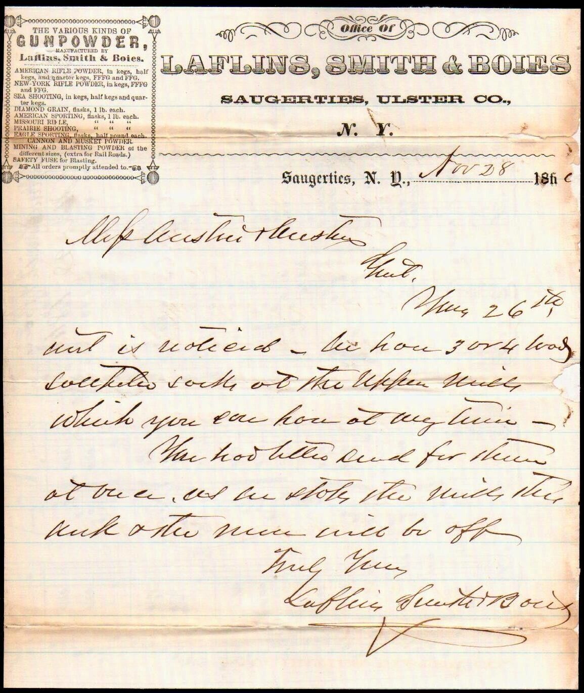 1860 Saugerties NY - GUN POWDER -  Laflins Smith & Boies - Rare Letter Head Bill