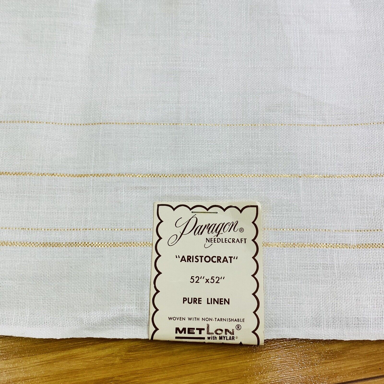 Vintage Paragon Needlecraft Linen Tablecloth 52” X 52” White Gold Stripes