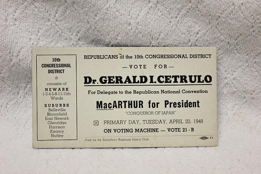 Vintage 1948 Vote For Dr Gerald I.Cetrulo-MacARTHUR for President Blotter Card