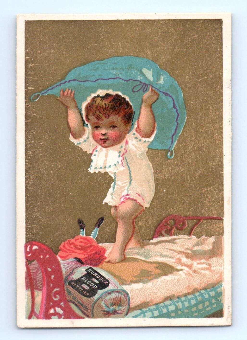 Burdock Blood Bitters Trade Card Baby Pillow Fight Invalid Ladies VTG Ad Red Bed
