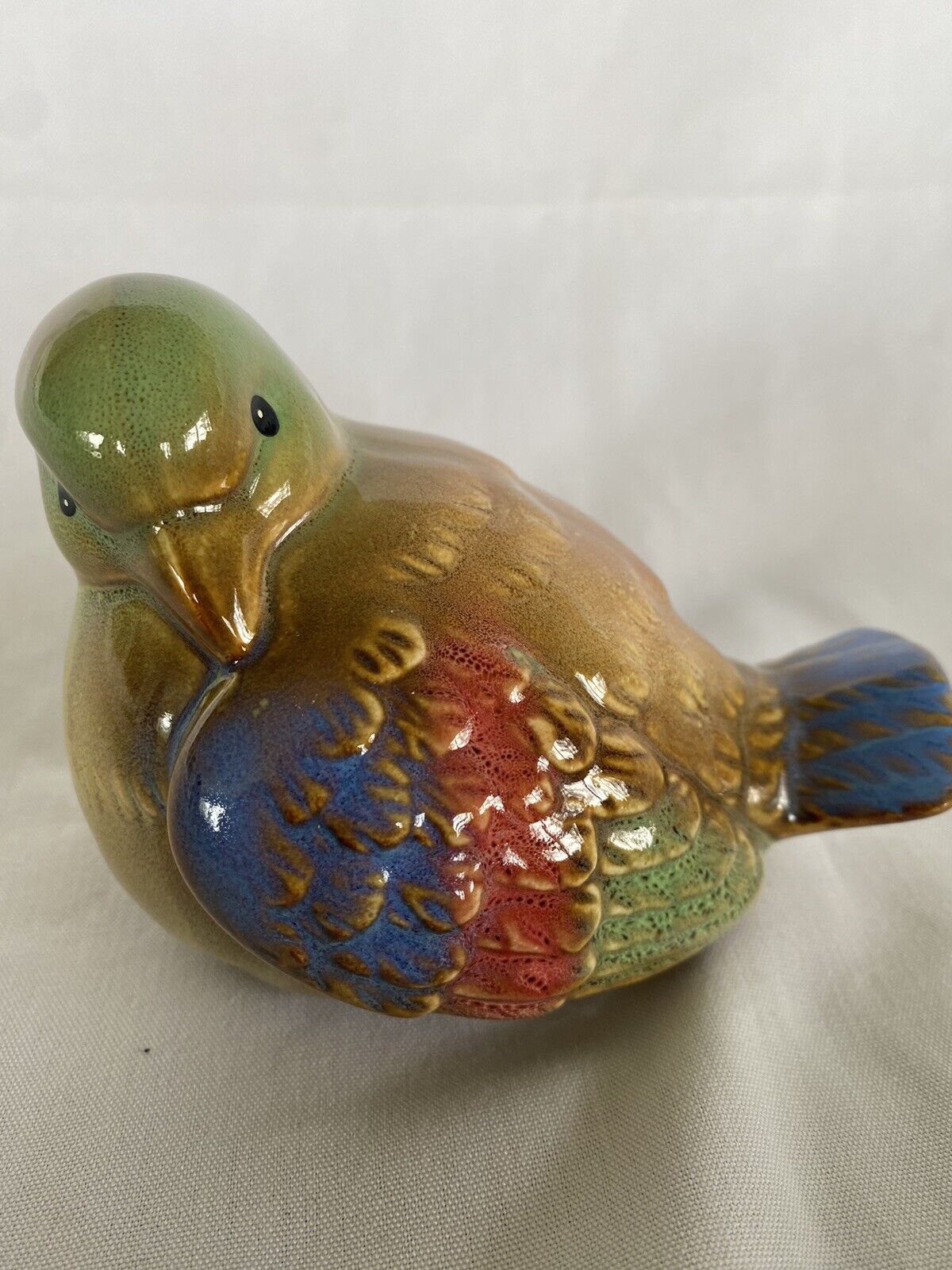 Vtg.Ceramic Bird with Colorful Jewel ~Tone Glaze Green, Red, Blue and Yellow.